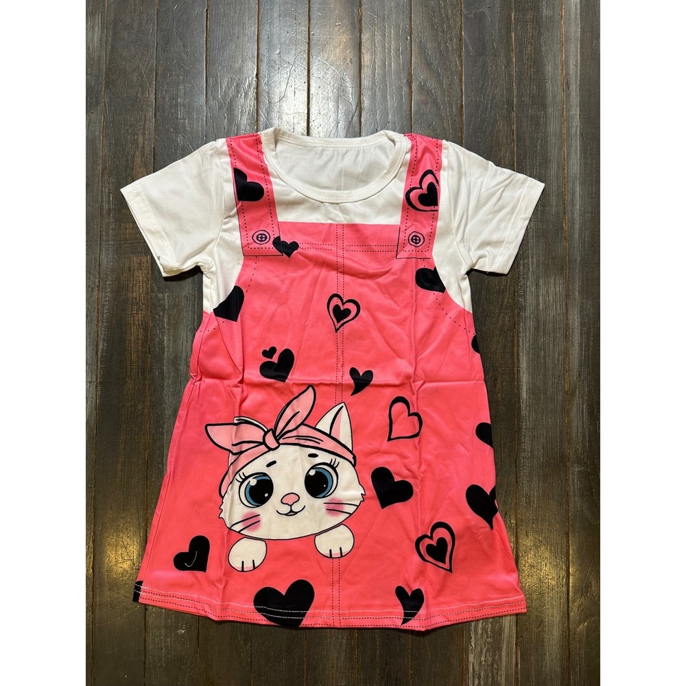 Girls Pink Heart Cat Trompe L'oeil Overall Style Dress Short Sleeve White Pink